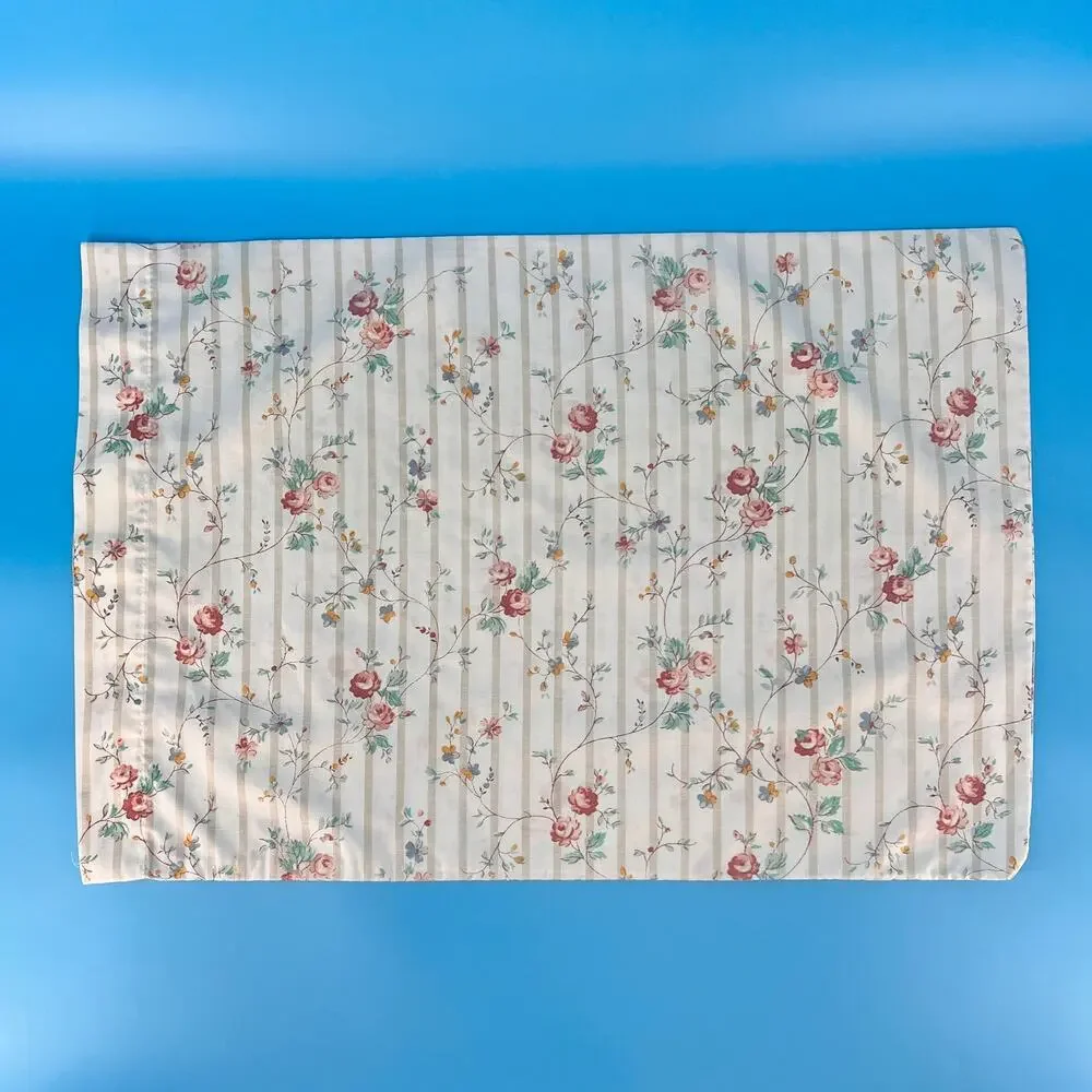 Vintage Cottagecore Floral Stripe Pillowcase 1980s 80s Shabby Chic Farmhouse
